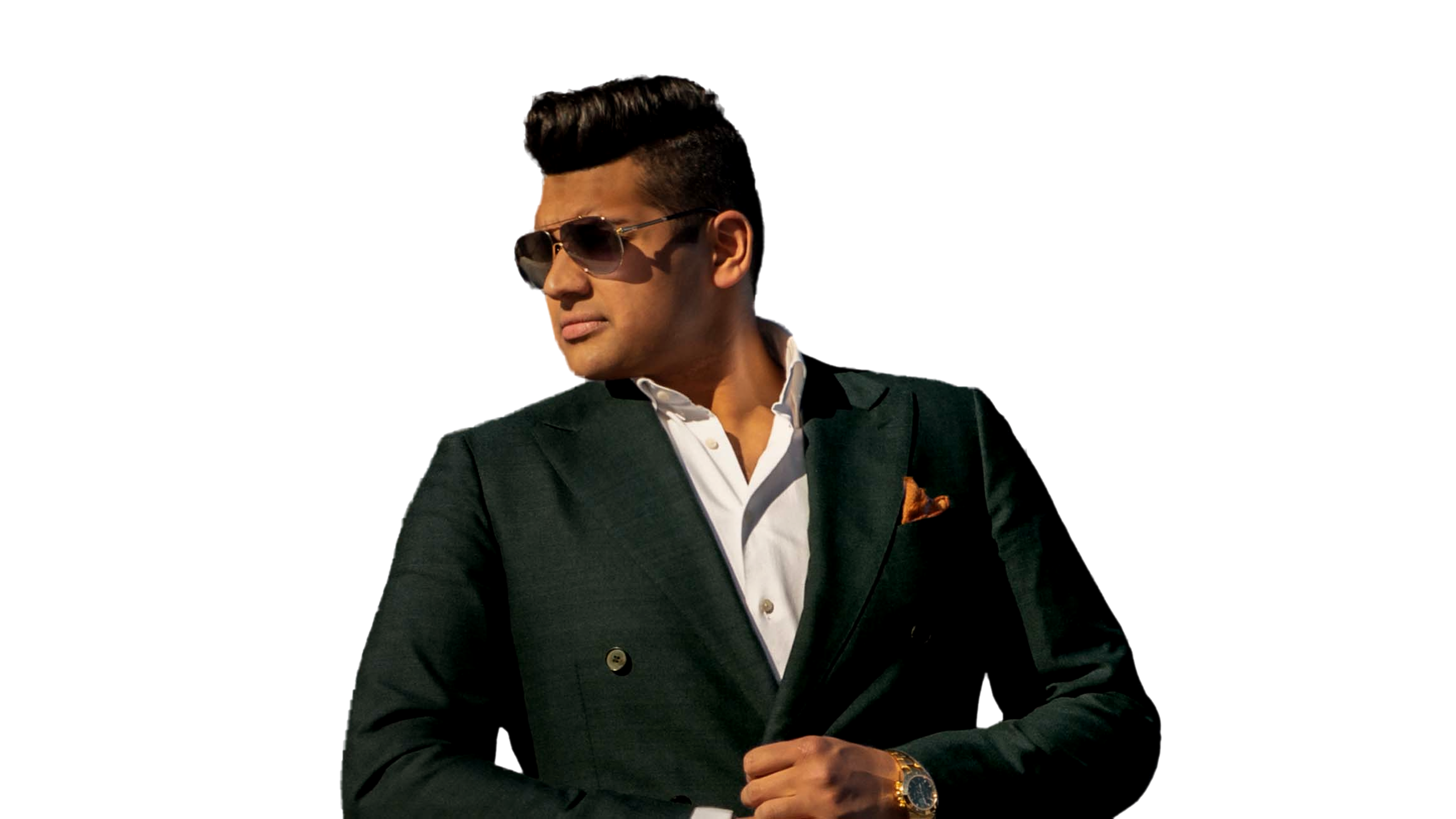 Man in a bottle-green double-breasted jacket wearing ENIGMA aviators